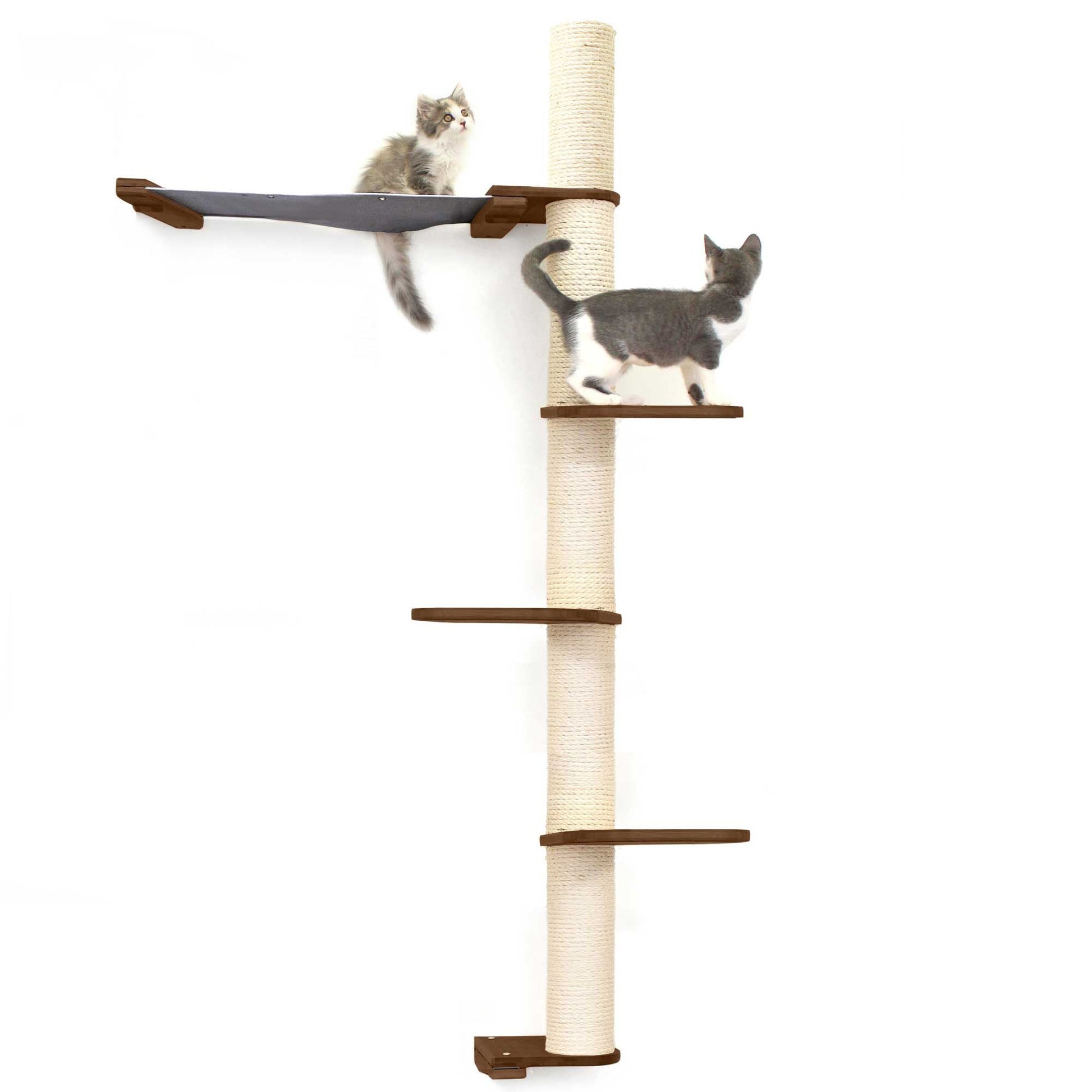 The Crow's Nest - A Wall Cat Scratcher with Hammock English Chestnut Bamboo Charcoal Gray Canvas 4-Tier 24" Cat Condo Catastrophic Creations