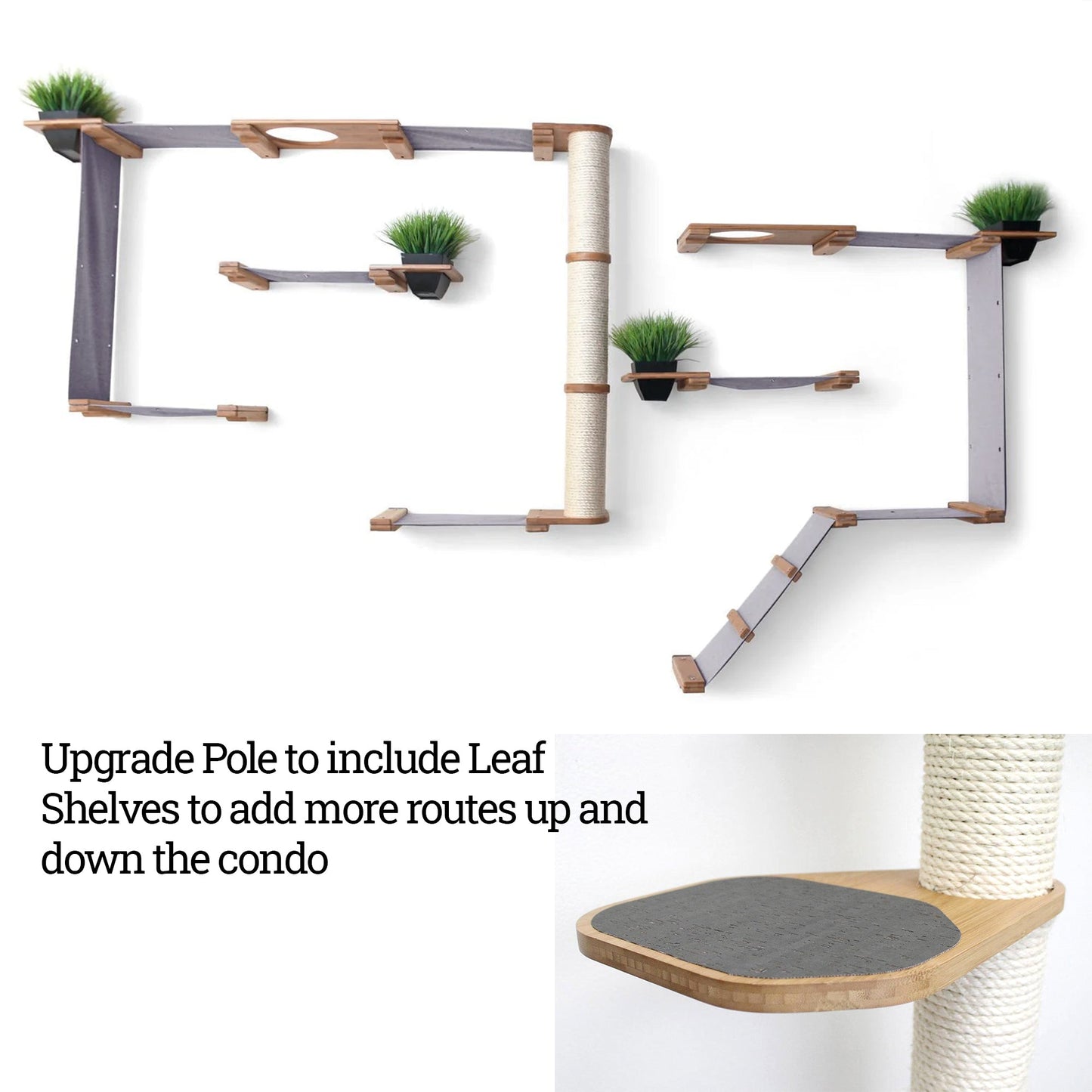 The Gardens - Modern Cat Tree with Plants Natural Bamboo Charcoal Gray Canvas Garden Leaf Shelf Cat Condo Catastrophic Creations