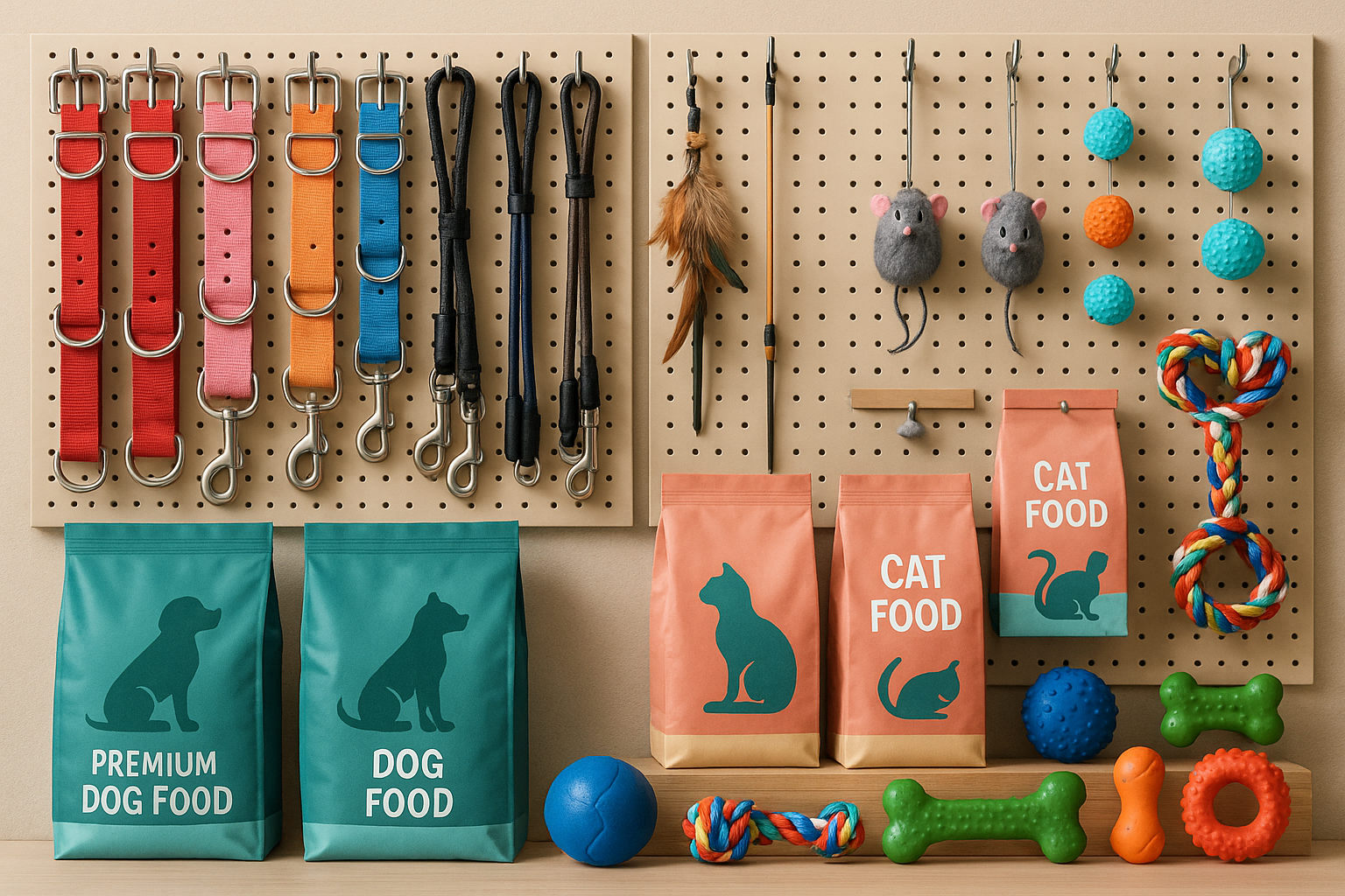 generate-an-image-of-dog-collars-leashes-dog-food-cat-food-cat-toys-dog-toys