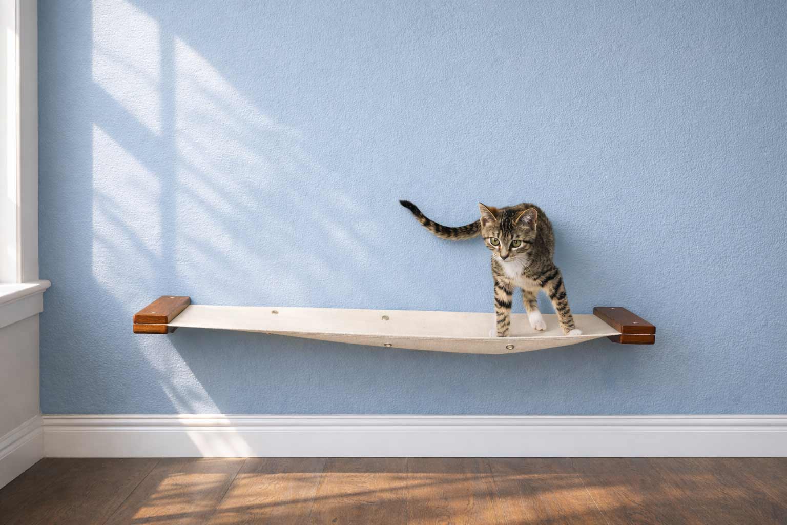 Hanging Cat Bed Hammock English Chestnut Bamboo Natural Canvas 34" Cat Hammock Catastrophic Creations