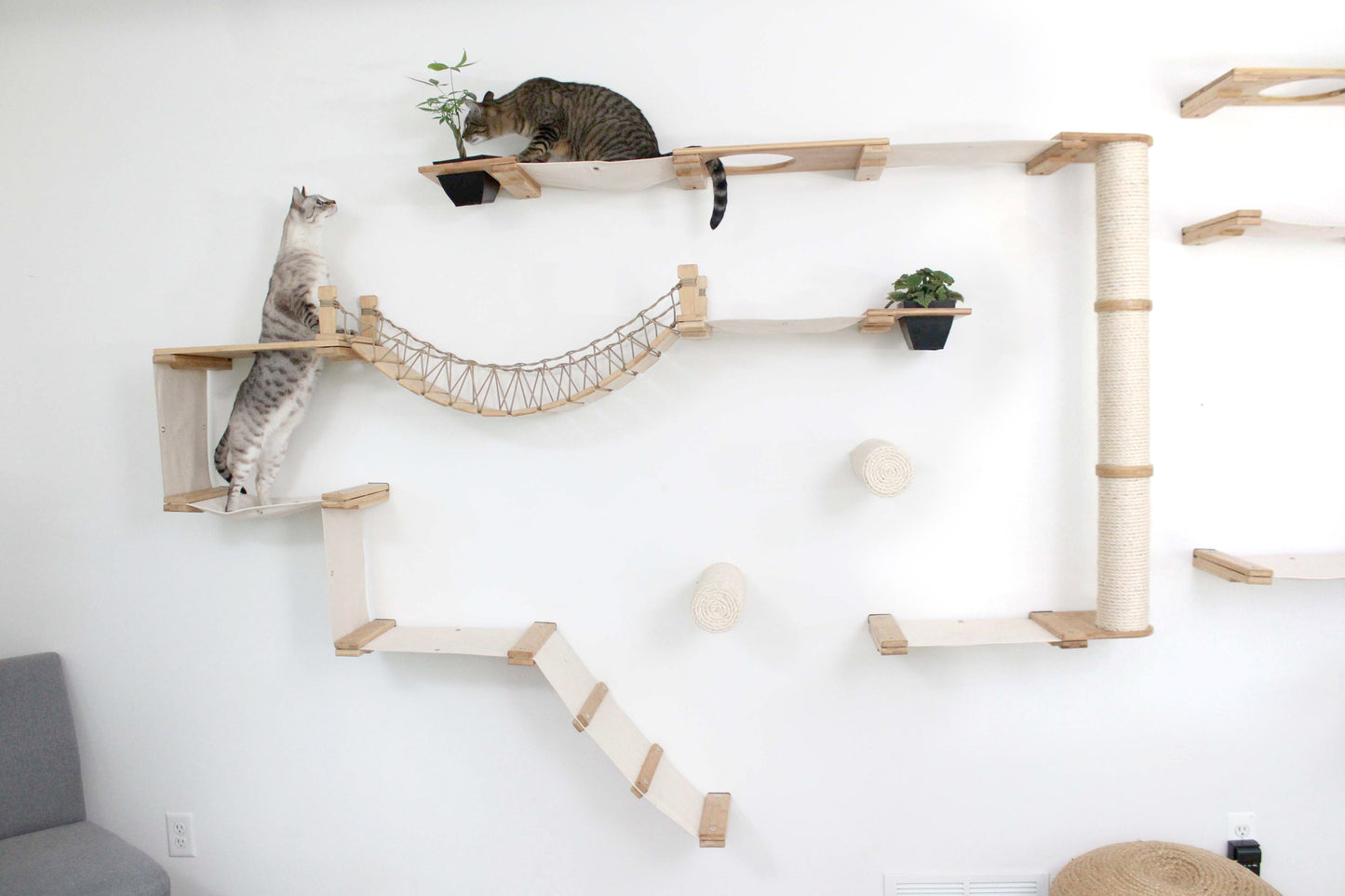 The Juggernaut - Indoor Cat Playground for Wall Natural Bamboo Natural Canvas Planter Shelves Coupling Cat Condo Catastrophic Creations