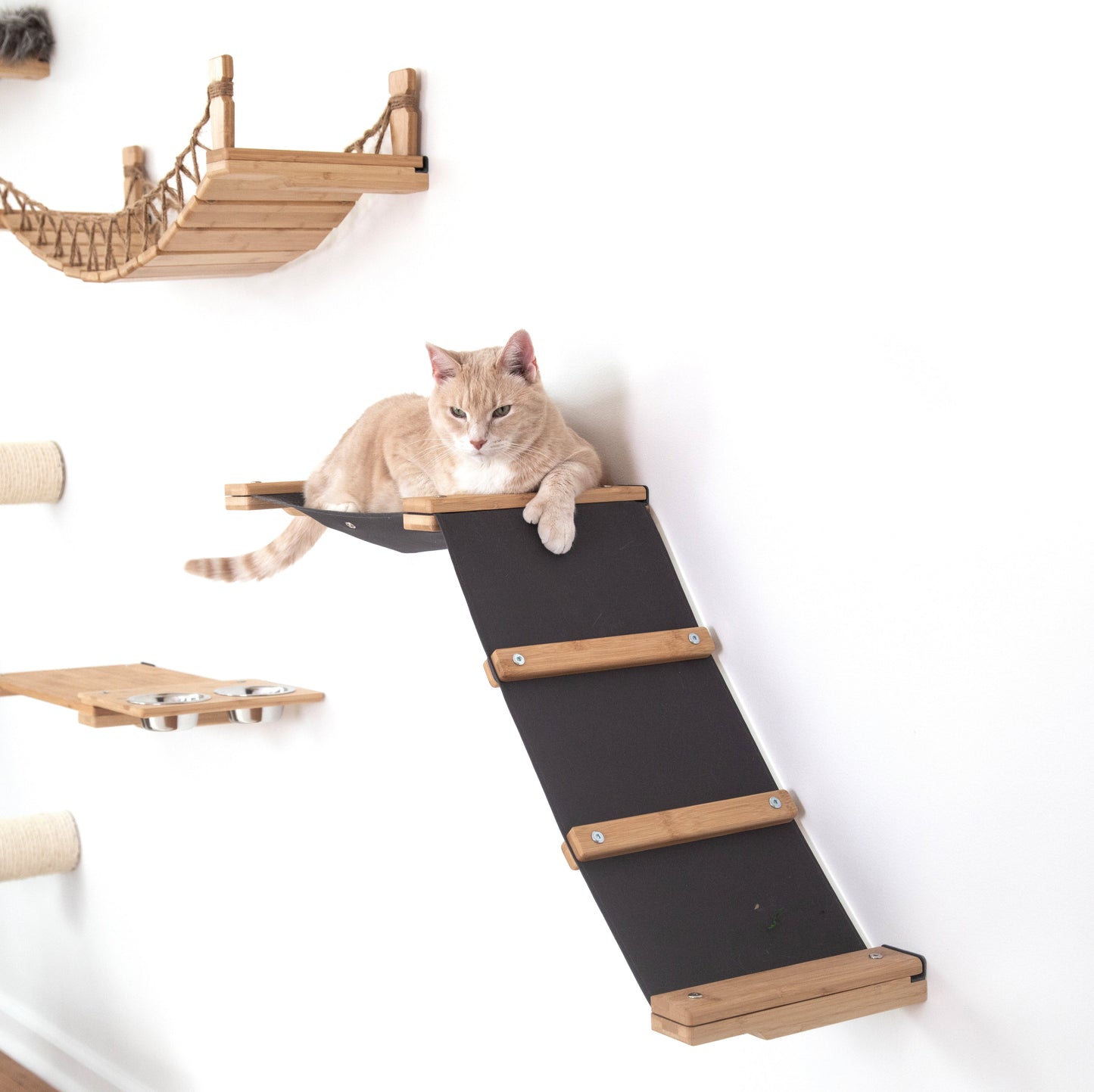 The Lift- Cat Hammock Bed Natural Bamboo Charcoal Gray Canvas Cat Hammock Catastrophic Creations