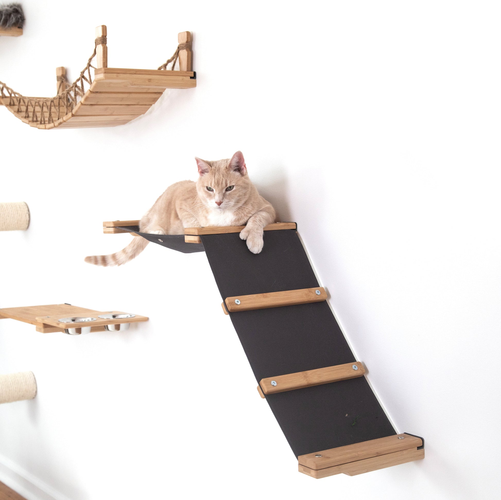 The Lift- Cat Hammock Bed Natural Bamboo Charcoal Gray Canvas Cat Hammock Catastrophic Creations