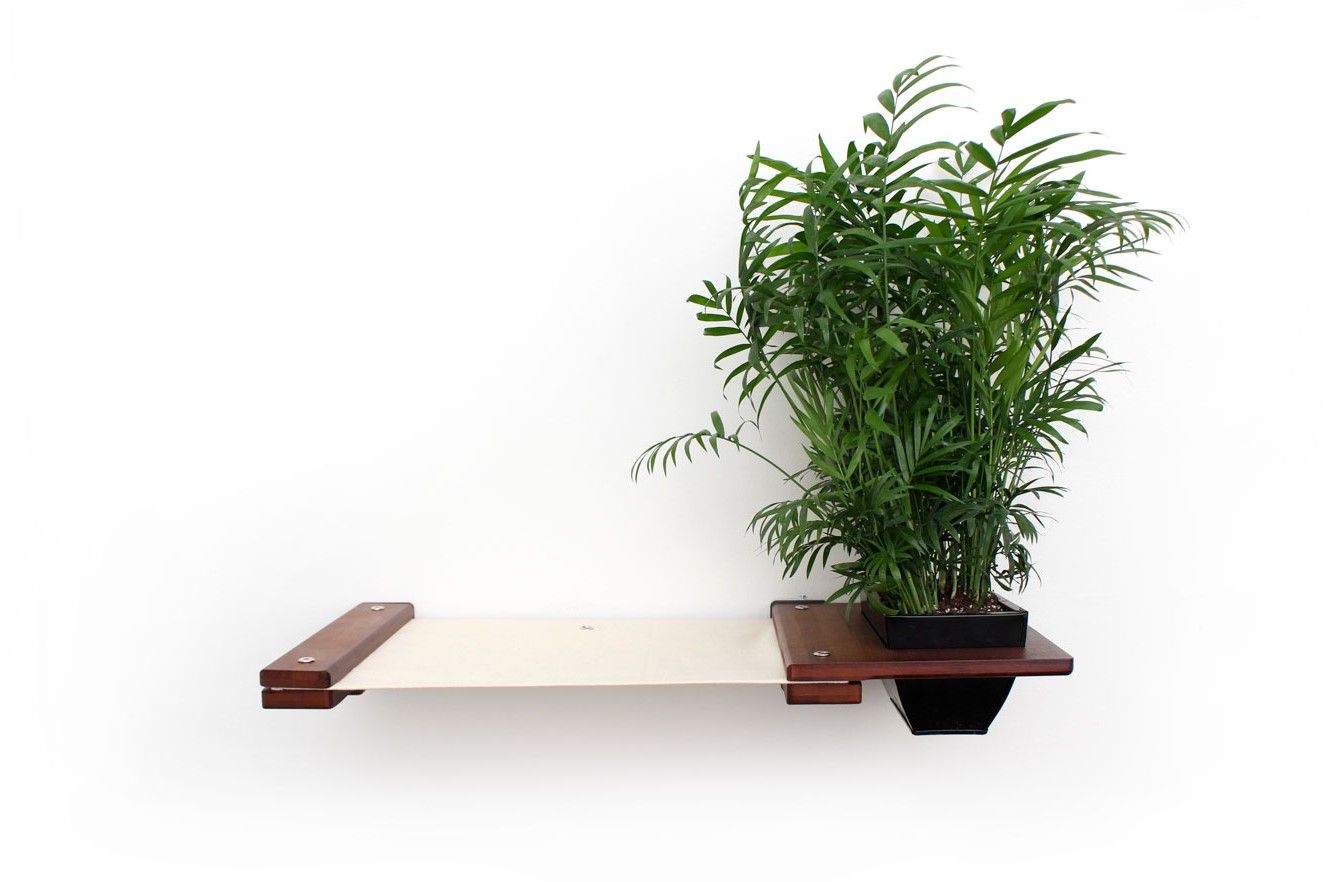Cat Hammock Wall with Planter English Chestnut Bamboo Natural Canvas 16" Cat Hammock Catastrophic Creations