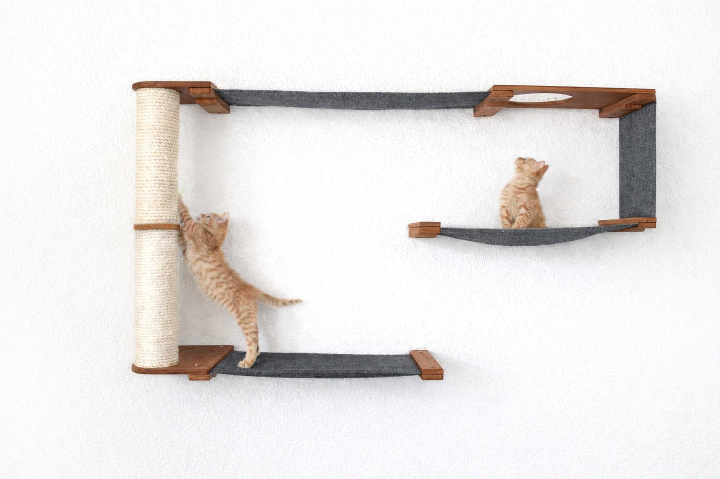 Cat Maze Wall - 3 Tier Cat Tree English Chestnut Bamboo Charcoal Gray Canvas Pole Cat Condo Catastrophic Creations