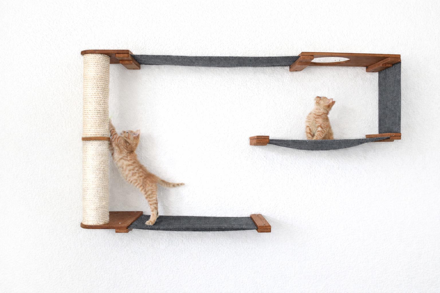 Cat Maze Wall - 3 Tier Cat Tree English Chestnut Bamboo Charcoal Gray Canvas Pole Cat Condo Catastrophic Creations
