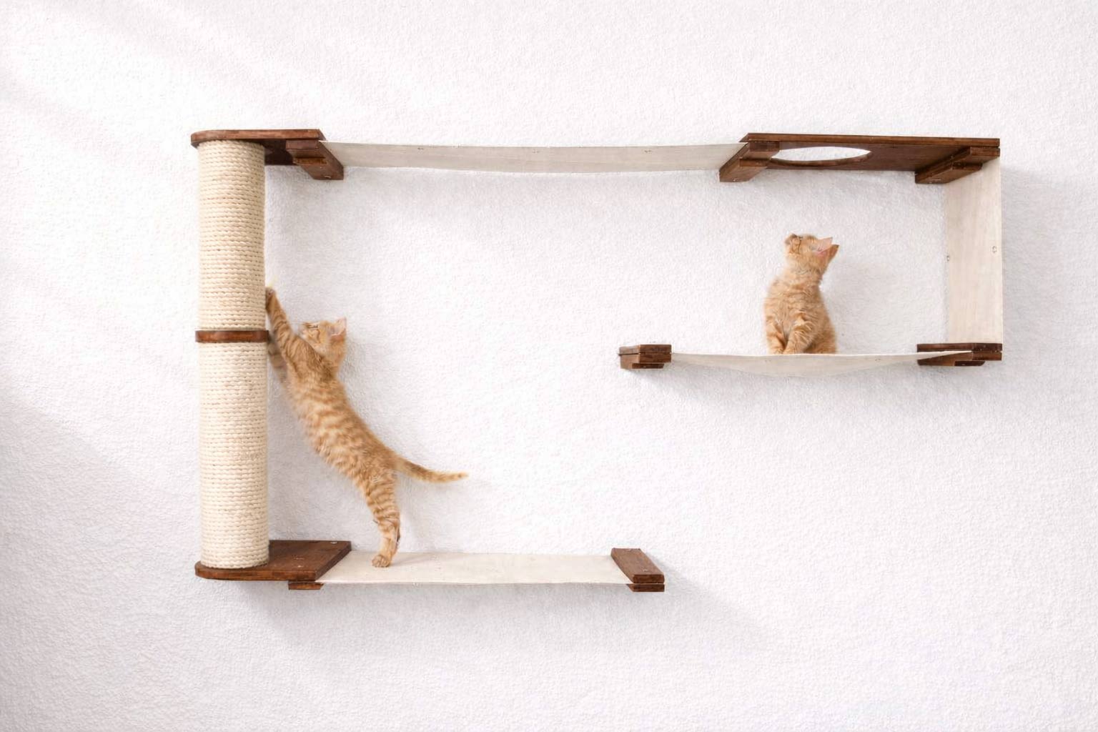Cat Maze Wall - 3 Tier Cat Tree English Chestnut Bamboo Natural Canvas Pole Cat Condo Catastrophic Creations