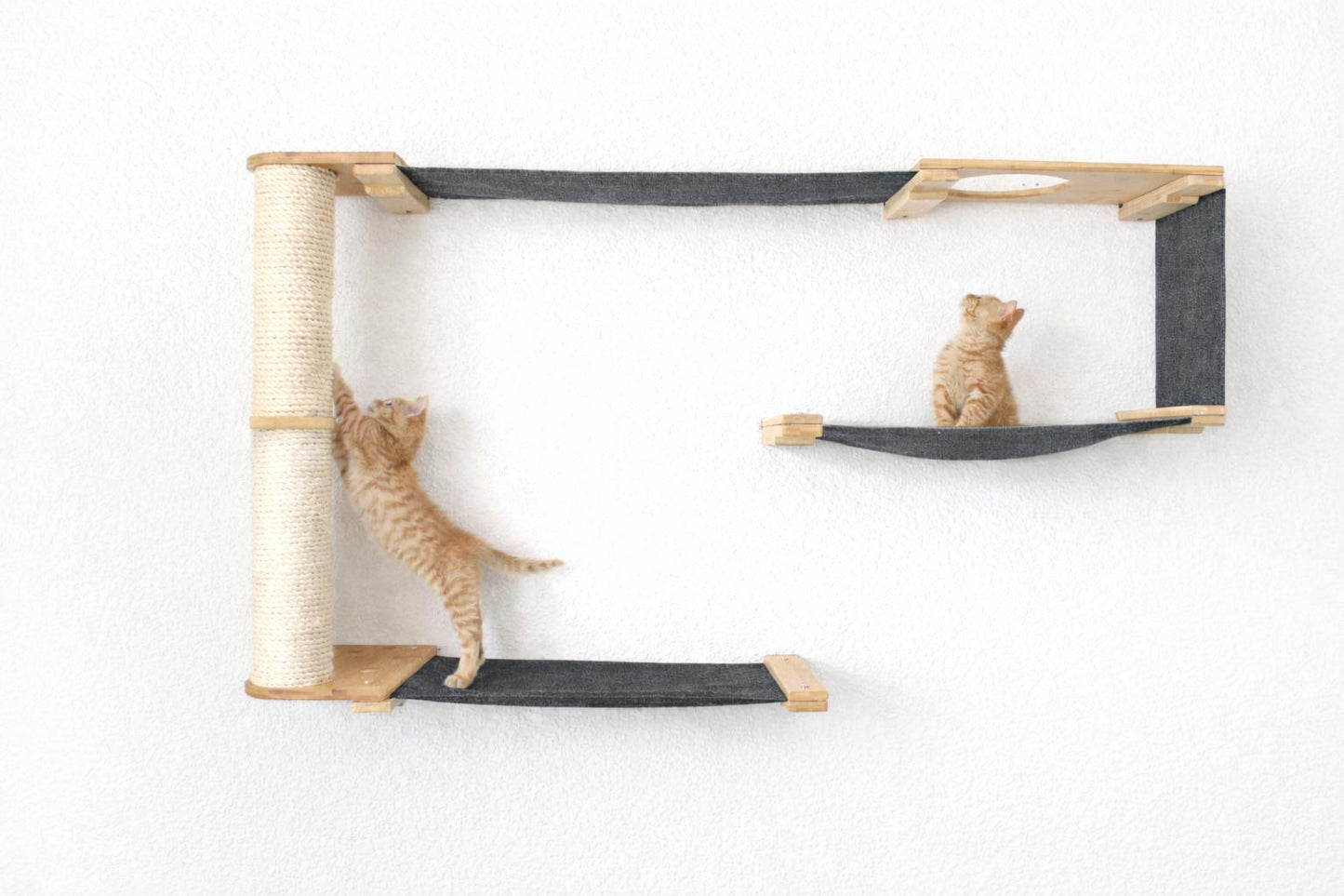 Cat Maze Wall - 3 Tier Cat Tree Natural Bamboo Charcoal Gray Canvas Pole Cat Condo Catastrophic Creations