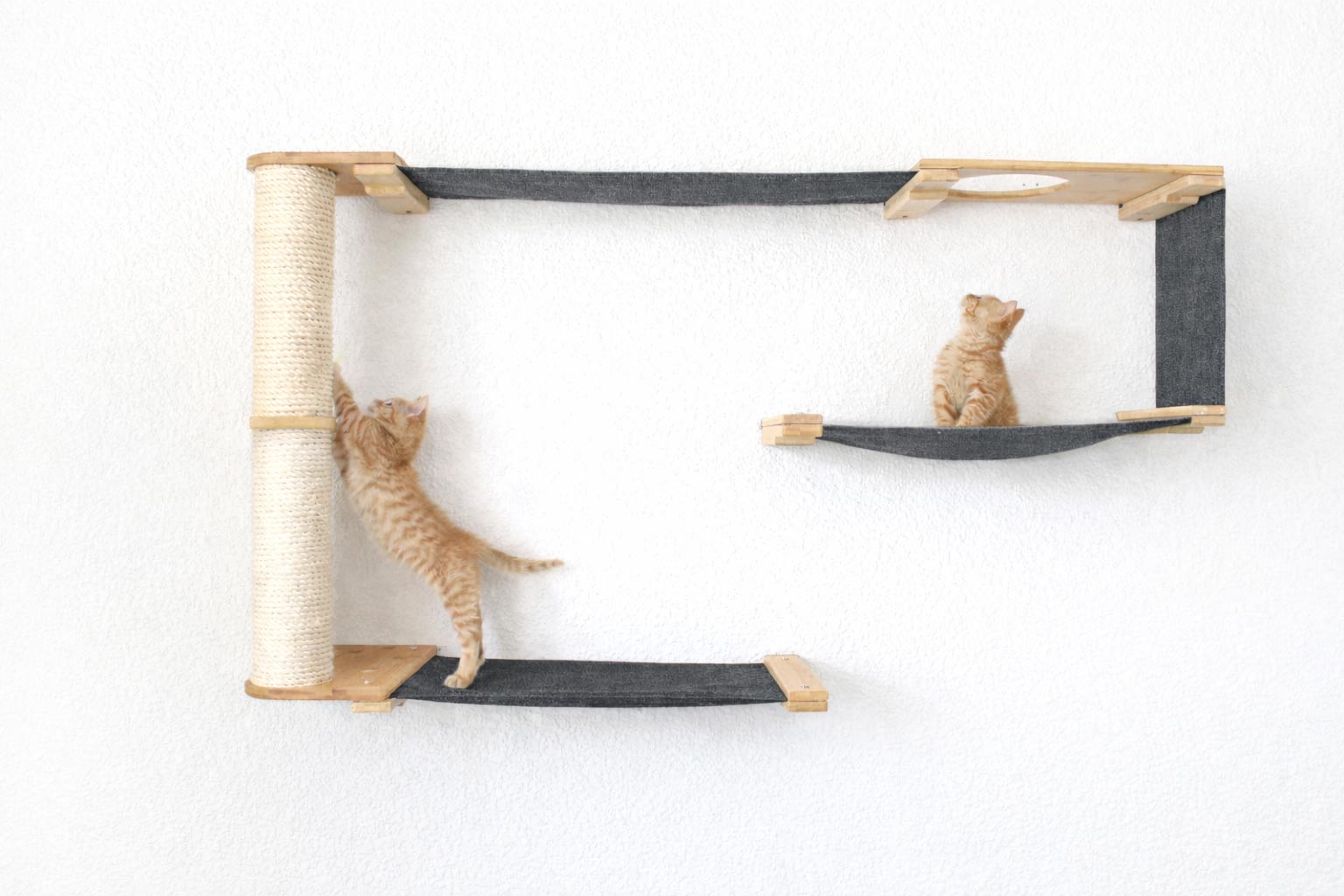 Cat Maze Wall - 3 Tier Cat Tree Natural Bamboo Charcoal Gray Canvas Pole Cat Condo Catastrophic Creations