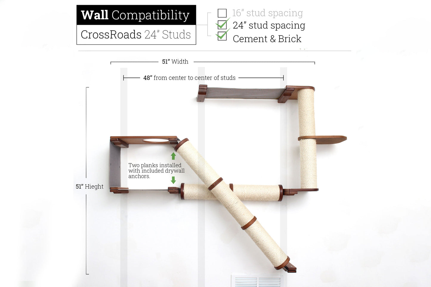 The Crossroads - Cat Wall Scratcher - Tree with Ramp English Chestnut Bamboo Charcoal Gray Canvas 24" Cat Condo Catastrophic Creations