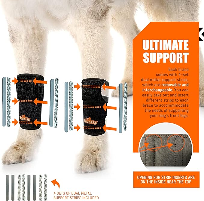 NeoAlly 3-in-1 Front Leg Dog Splint Brace: Rigid & Spring Inserts, Safety Reflective Straps (Pair) Neoallypets