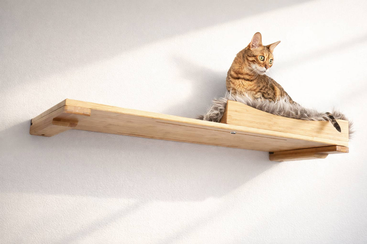 The Cat Nest Bed Natural Bamboo Gray Plush 34" Solid Shelf Cat shelves/bed Catastrophic Creations