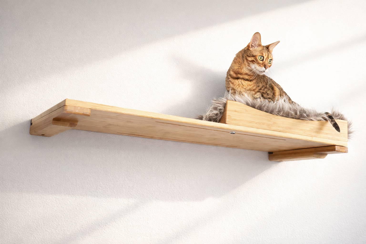 The Cat Nest Bed Natural Bamboo Gray Plush 34" Solid Shelf Cat shelves/bed Catastrophic Creations