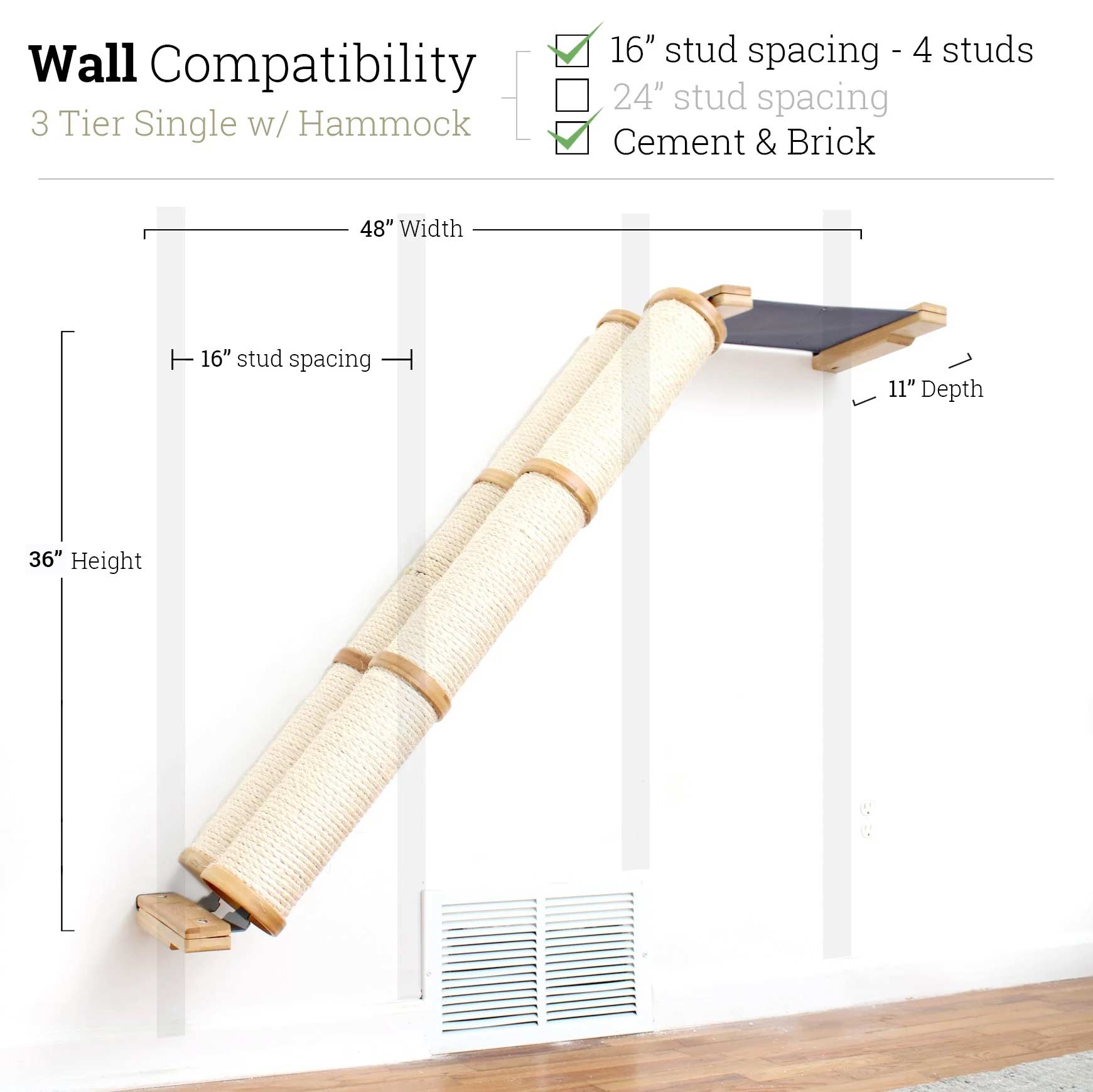 Slanted Cat Scratcher for Wall Natural Bamboo 3-Tier Double Charcoal Gray Canvas Cat Scratcher Catastrophic Creations