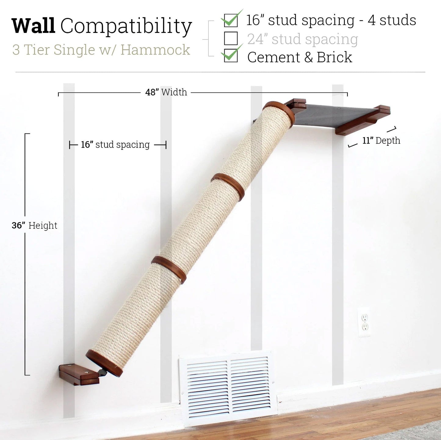 Slanted Cat Scratcher for Wall English Chestnut Bamboo 3-Tier Single Charcoal Gray Canvas Cat Scratcher Catastrophic Creations