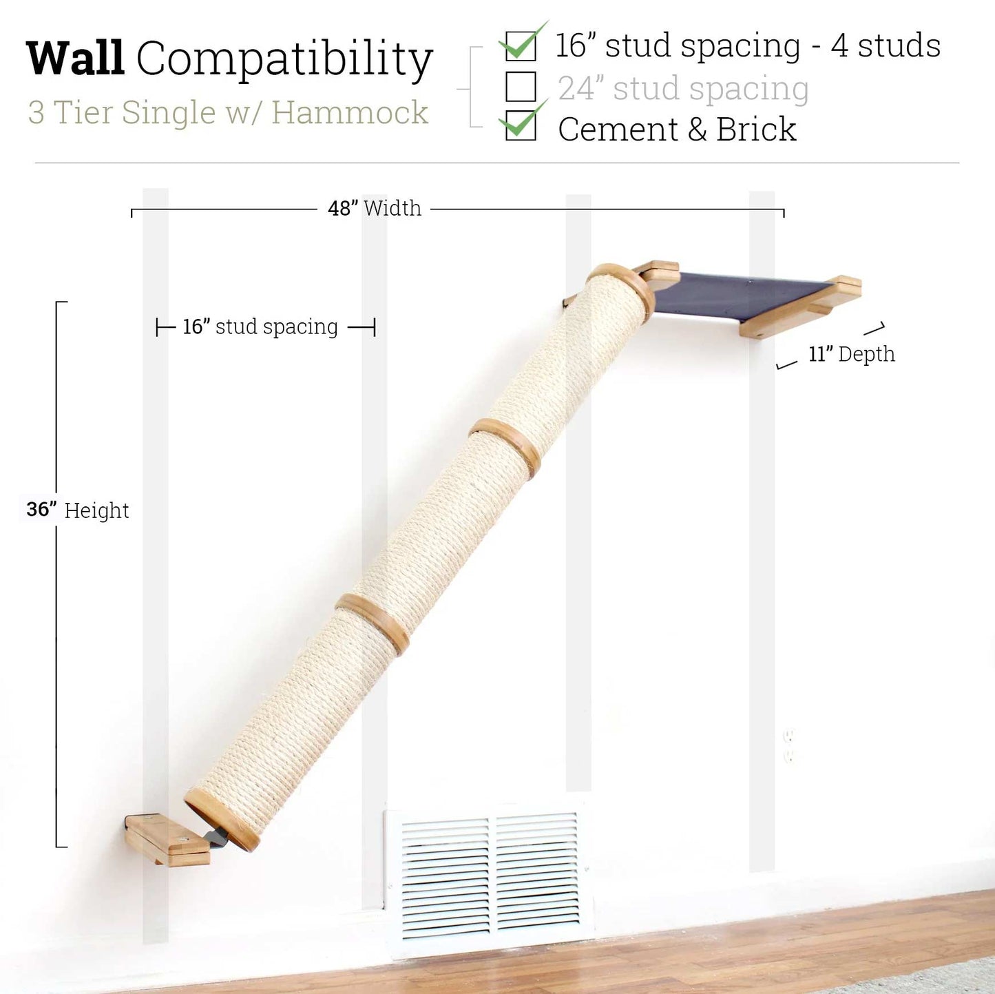 Slanted Cat Scratcher for Wall Natural Bamboo 3-Tier Single Charcoal Gray Canvas Cat Scratcher Catastrophic Creations