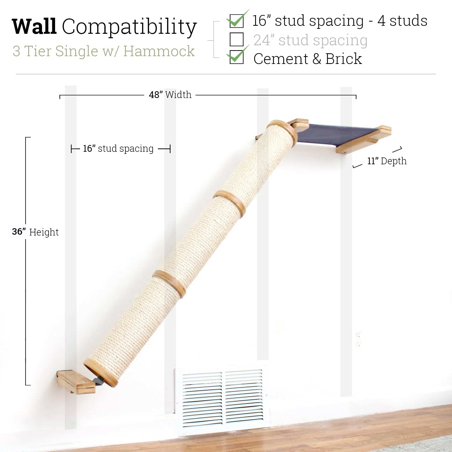 Slanted Cat Scratcher for Wall Natural Bamboo 3-Tier Single Charcoal Gray Canvas Cat Scratcher Catastrophic Creations