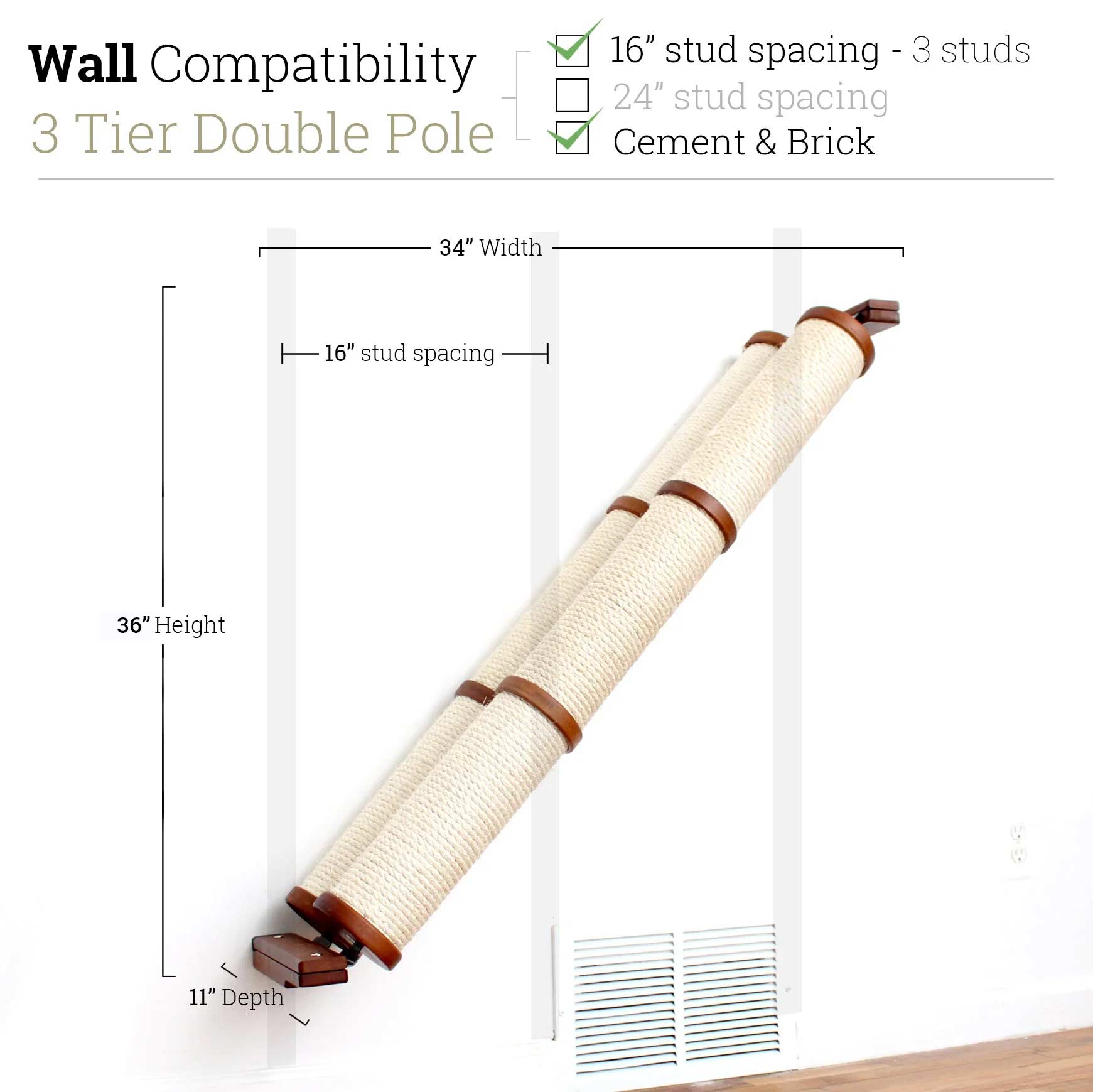 Slanted Cat Scratcher for Wall English Chestnut Bamboo 3-Tier Double None Cat Scratcher Catastrophic Creations