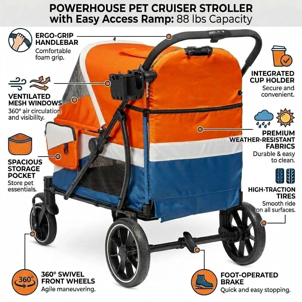 Powerhouse Pet Cruiser Stroller with Easy Access Ramp Pet Carriers Dogline