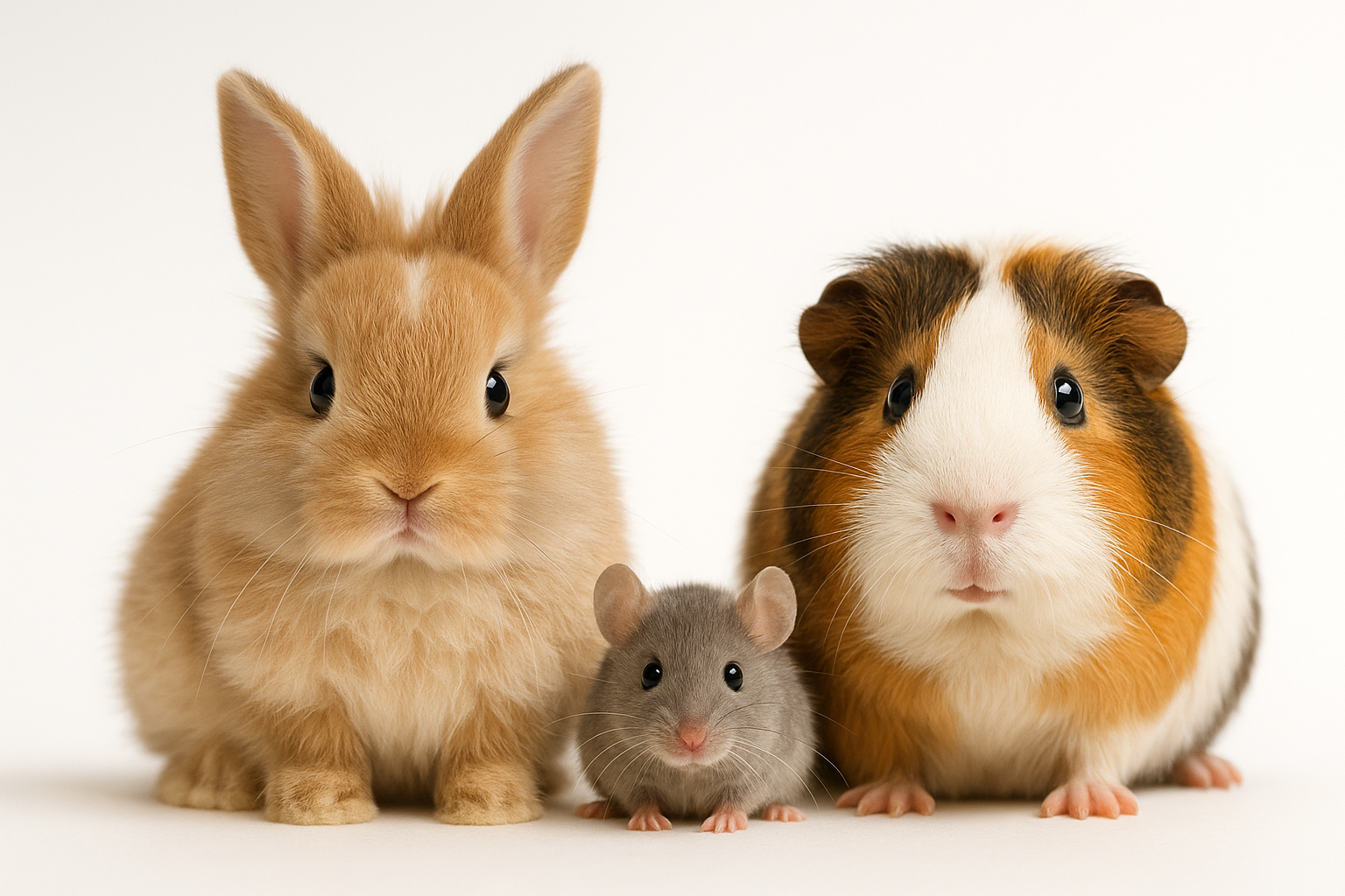 Picture of a pet rabbit, mouse, and guinea pig with white background
