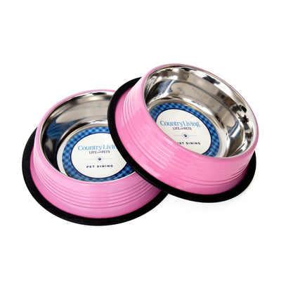 Country Living Set of 2 Ribbed Non-Slip Pet Bowls – Carnation Pink 64 oz Ribbed Bowls American Pet Supplies