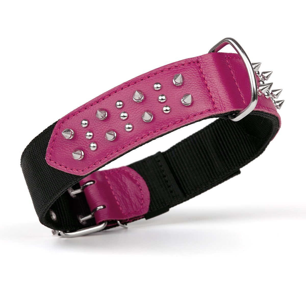 Leather + Nylon Spiked Dog Collar Pink Dog Collars Dogline