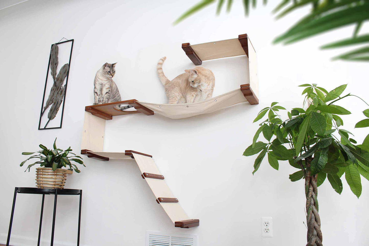 The Play - A Cat Play Wall System English Chestnut Bamboo Natural Canvas Cat Condo Catastrophic Creations