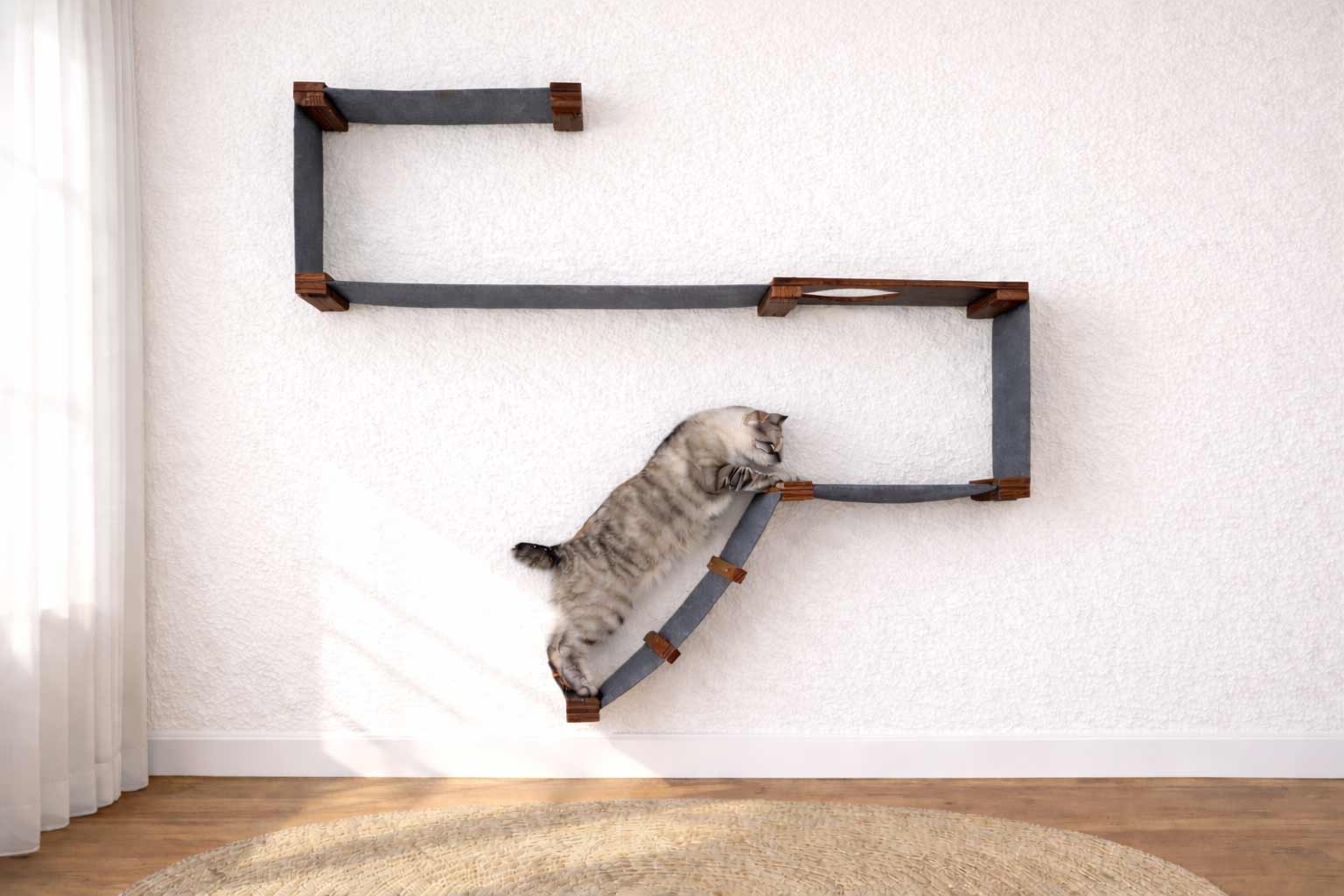 The Play - A Cat Play Wall System English Chestnut Bamboo Charcoal Gray Canvas Cat Condo Catastrophic Creations