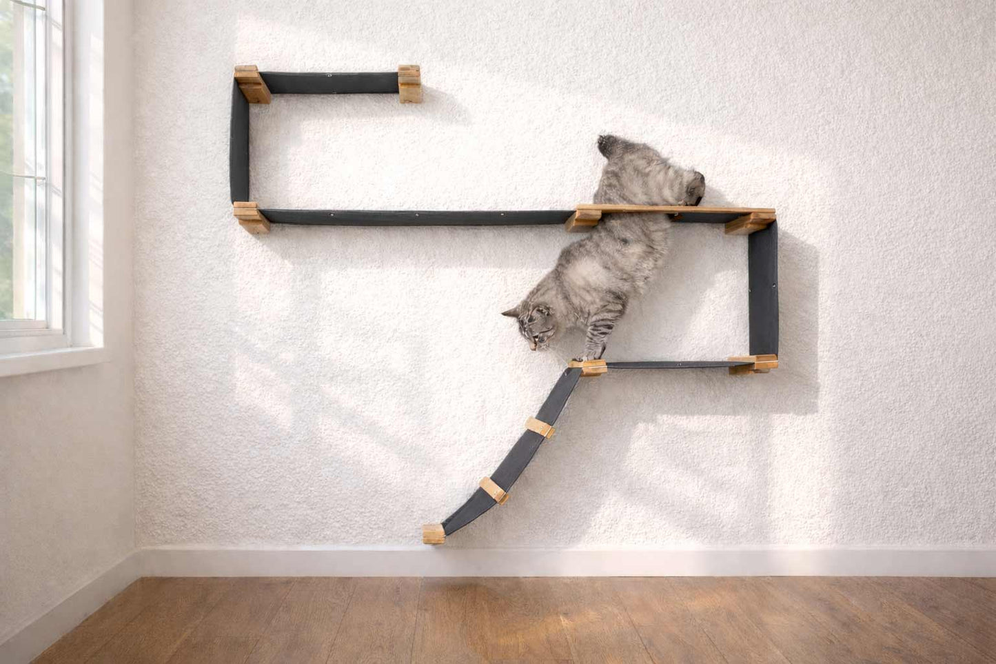 The Play - A Cat Play Wall System Natural Bamboo Charcoal Gray Canvas Cat Condo Catastrophic Creations