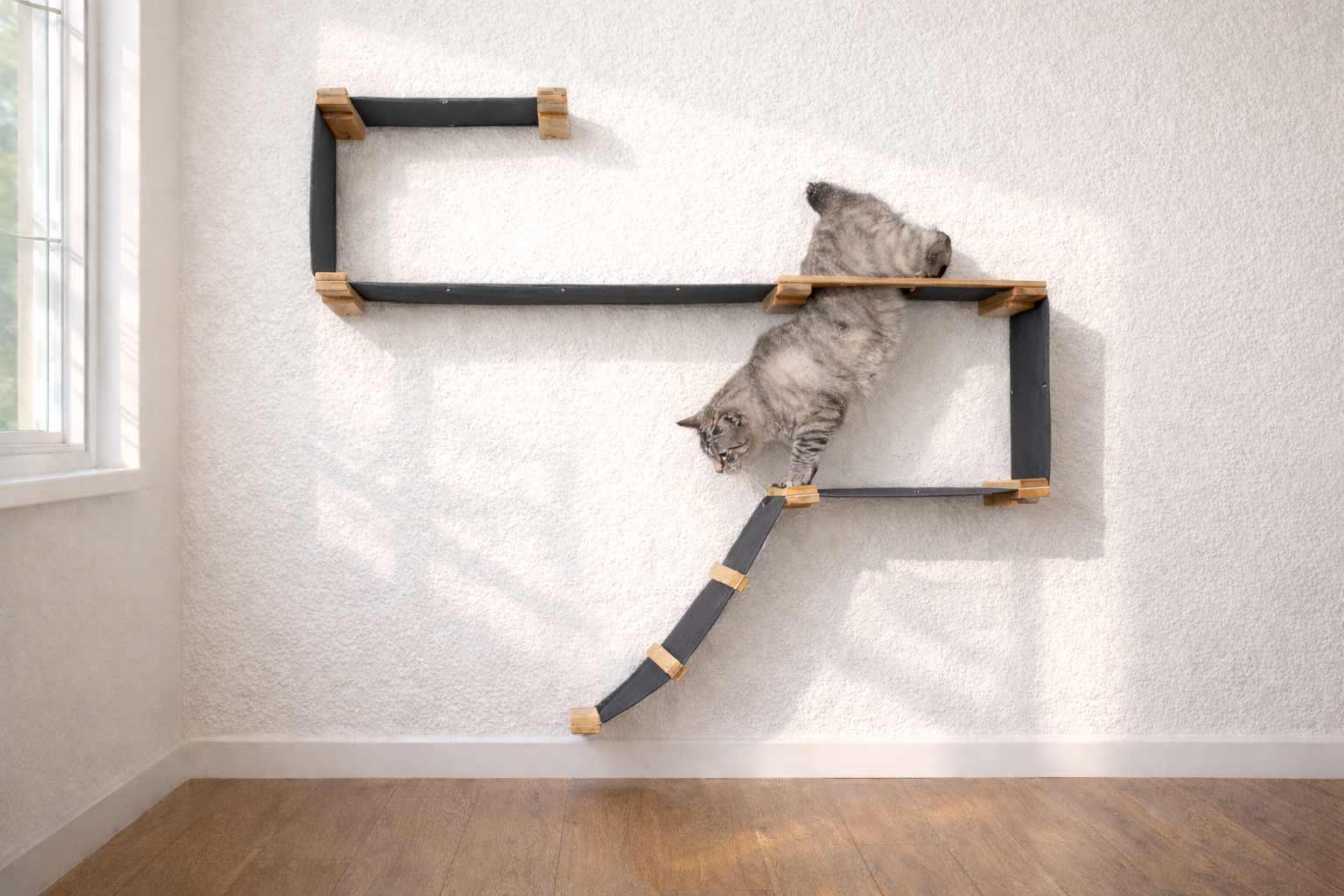 The Play - A Cat Play Wall System Natural Bamboo Charcoal Gray Canvas Cat Condo Catastrophic Creations