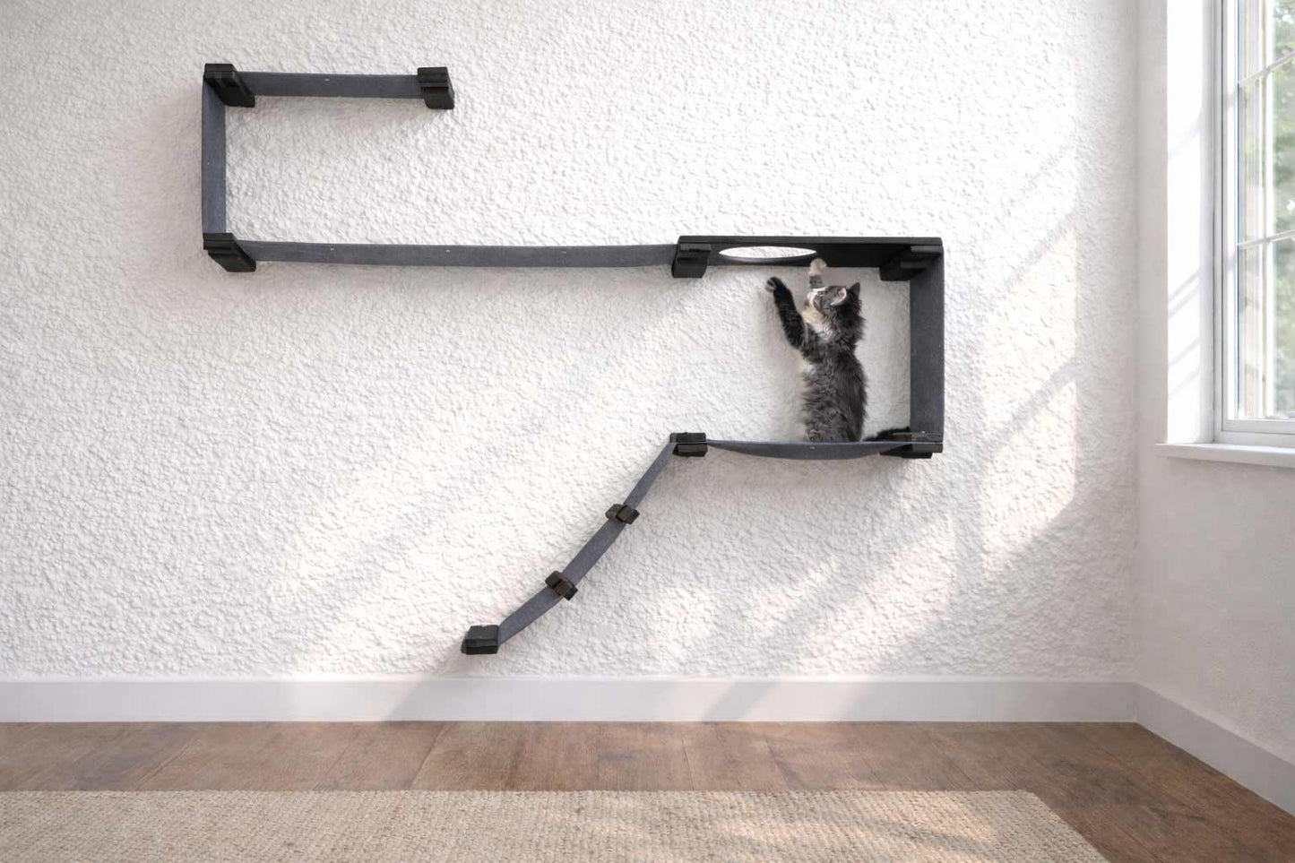 The Play - A Cat Play Wall System Onyx Bamboo Charcoal Gray Canvas Cat Condo Catastrophic Creations