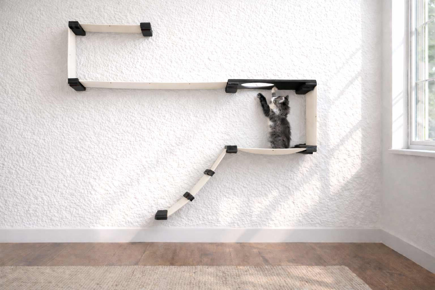 The Play - A Cat Play Wall System Onyx Bamboo Natural Canvas Cat Condo Catastrophic Creations