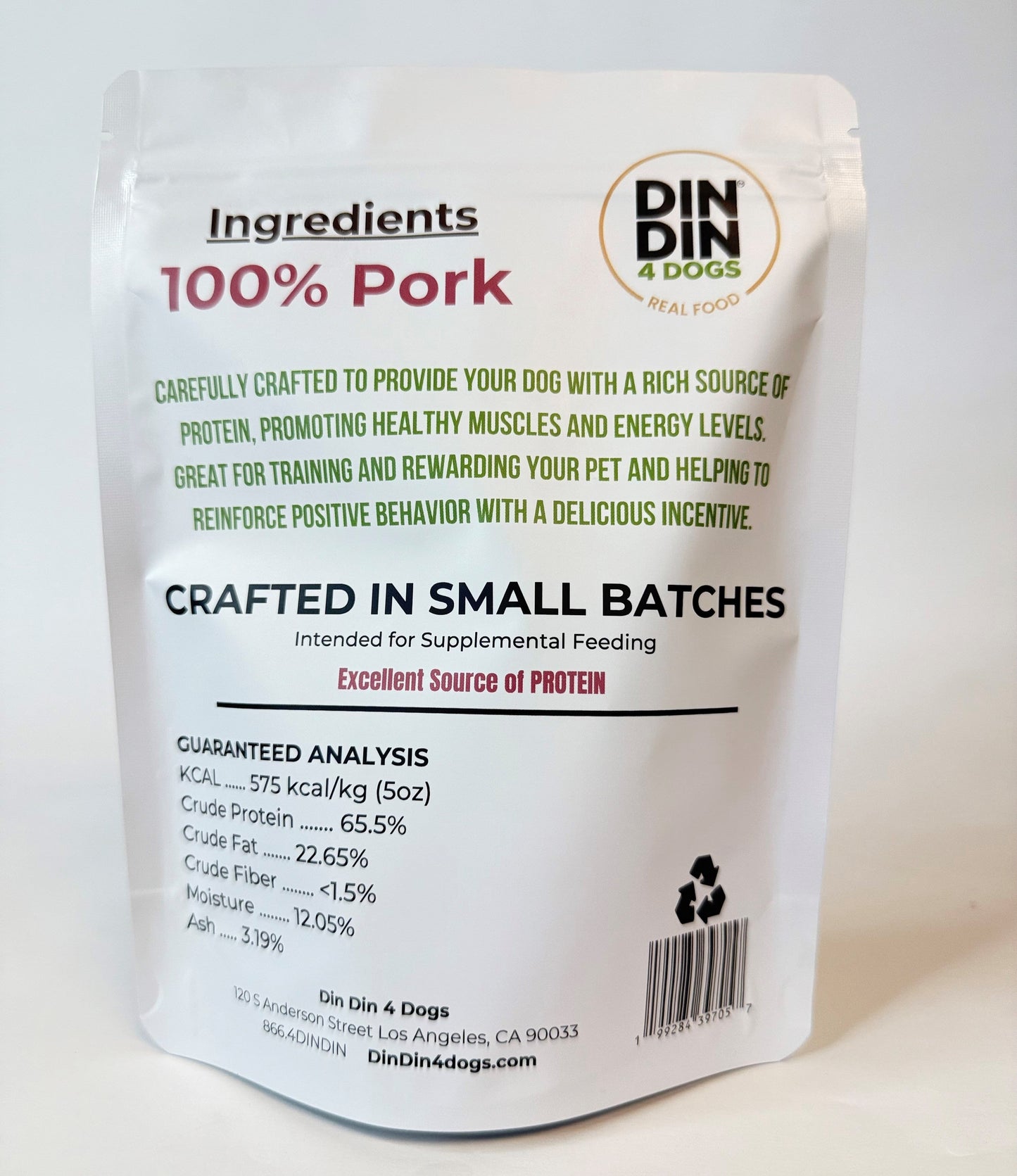 Pork Dog Treats, 5 Ounce Bag, Single Ingredient, High Protein Treat Din Din 4 Dogs