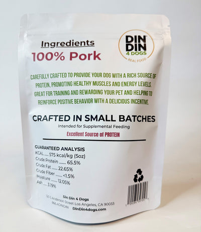 Pork Dog Treats, 5 Ounce Bag, Single Ingredient, High Protein Treat Din Din 4 Dogs