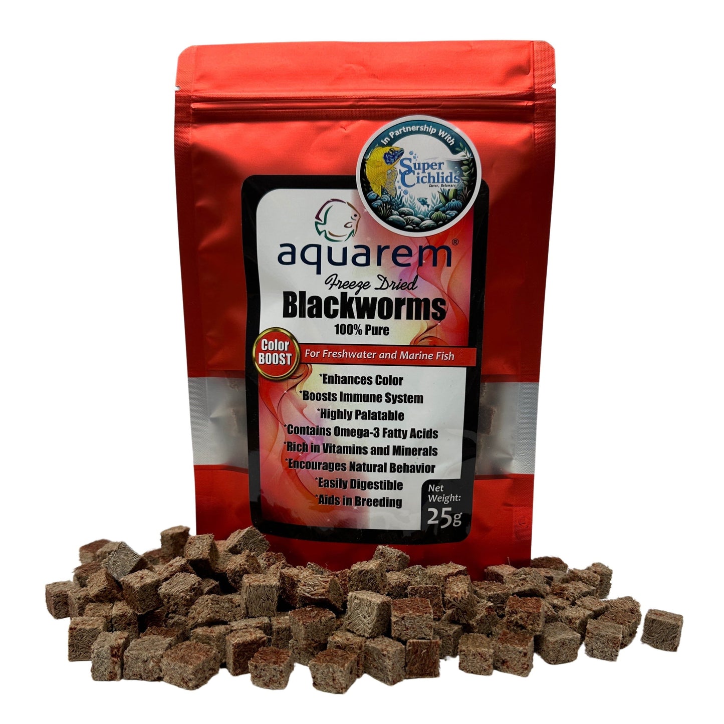 Premium Freeze Dried Blackworms - Color Boost 25 Grams Fish Food Super Cichlids