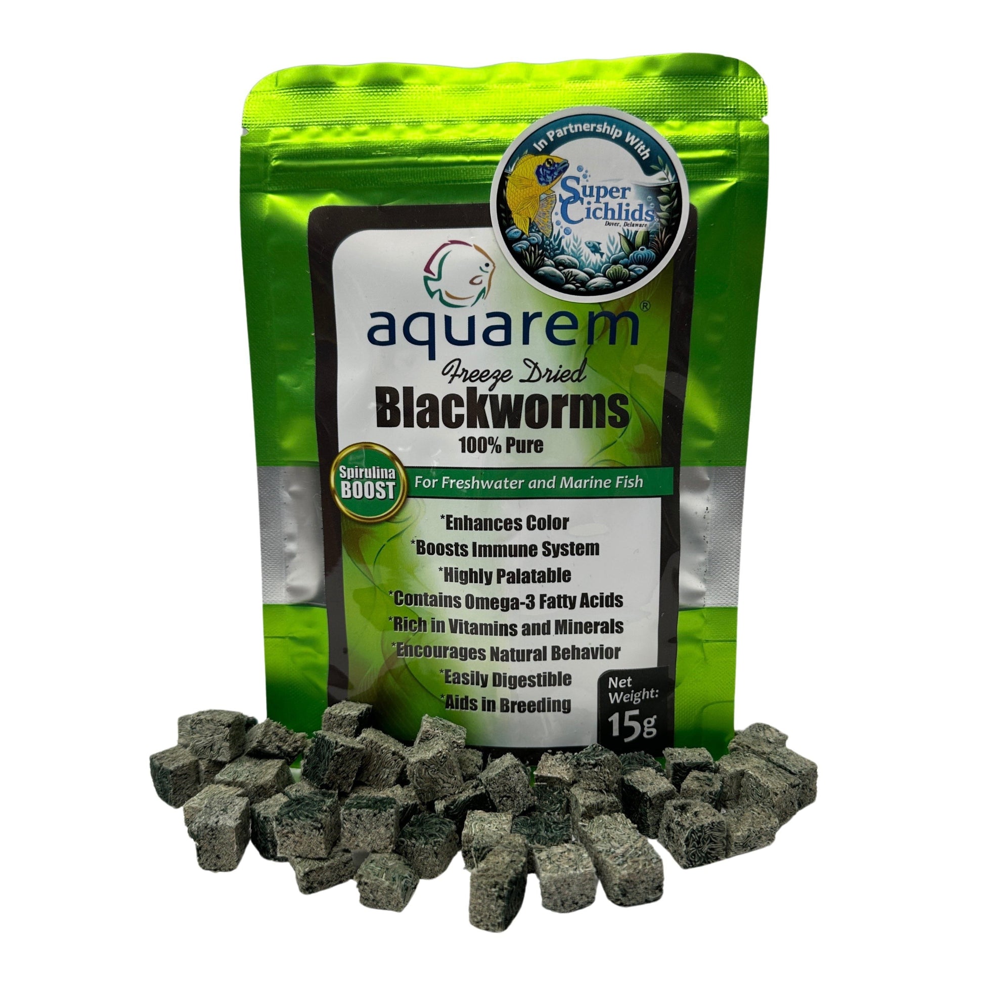 Premium Freeze Dried Blackworms - Spirulina Boost 15 Grams (Spirulina Boost) Fish Food Super Cichlids