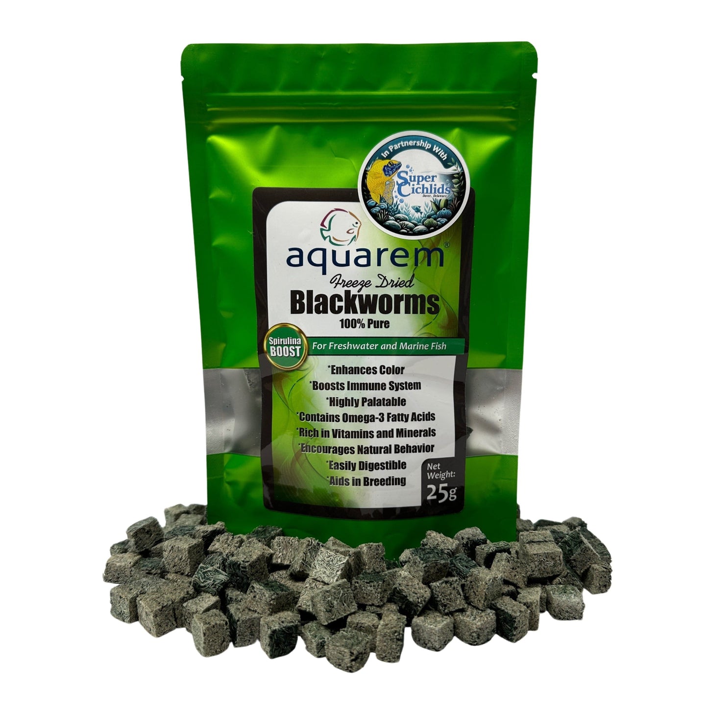 Premium Freeze Dried Blackworms - Spirulina Boost 25 Grams (Spirulina Boost) Fish Food Super Cichlids
