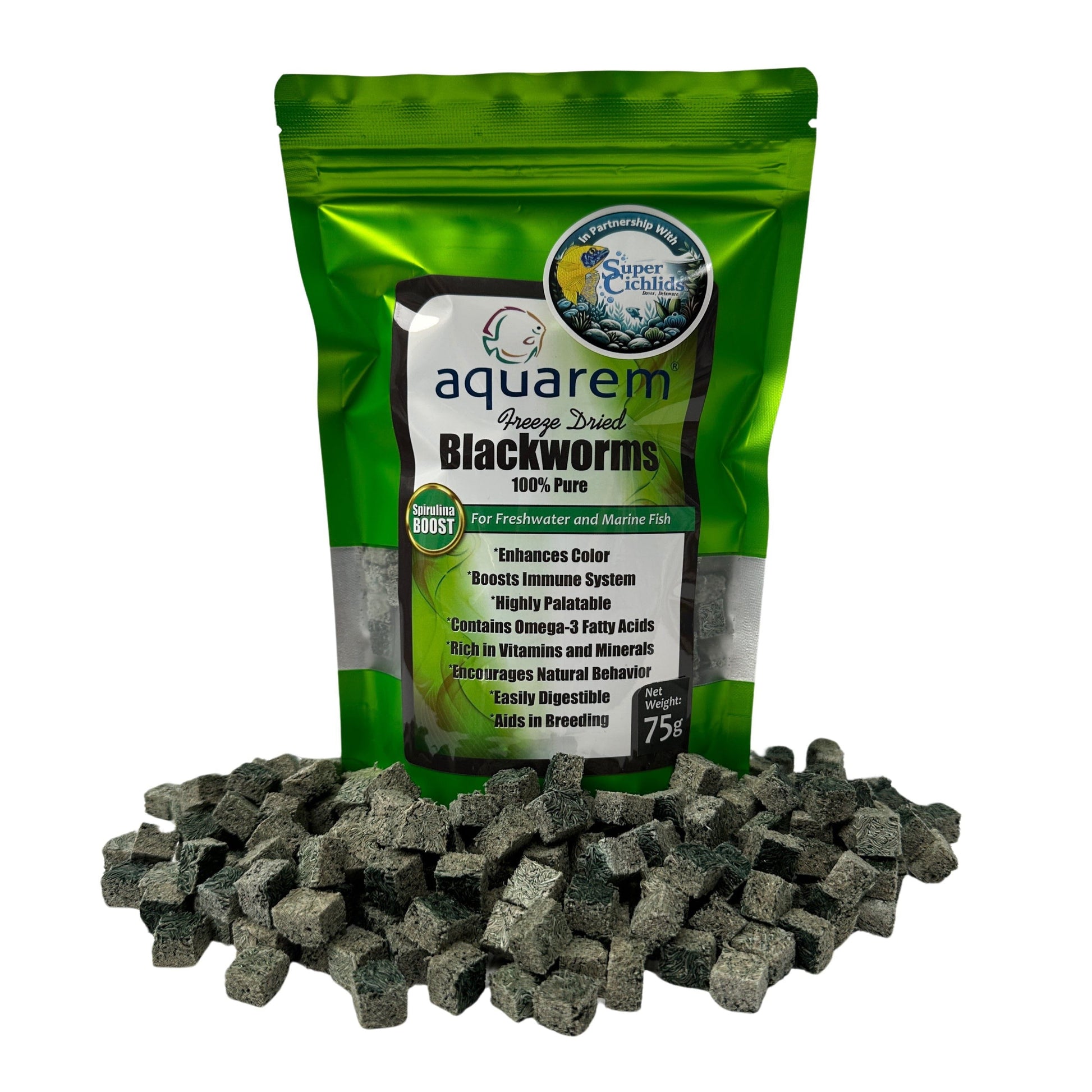 Premium Freeze Dried Blackworms - Spirulina Boost 75 Grams (Spirulina Boost) Fish Food Super Cichlids