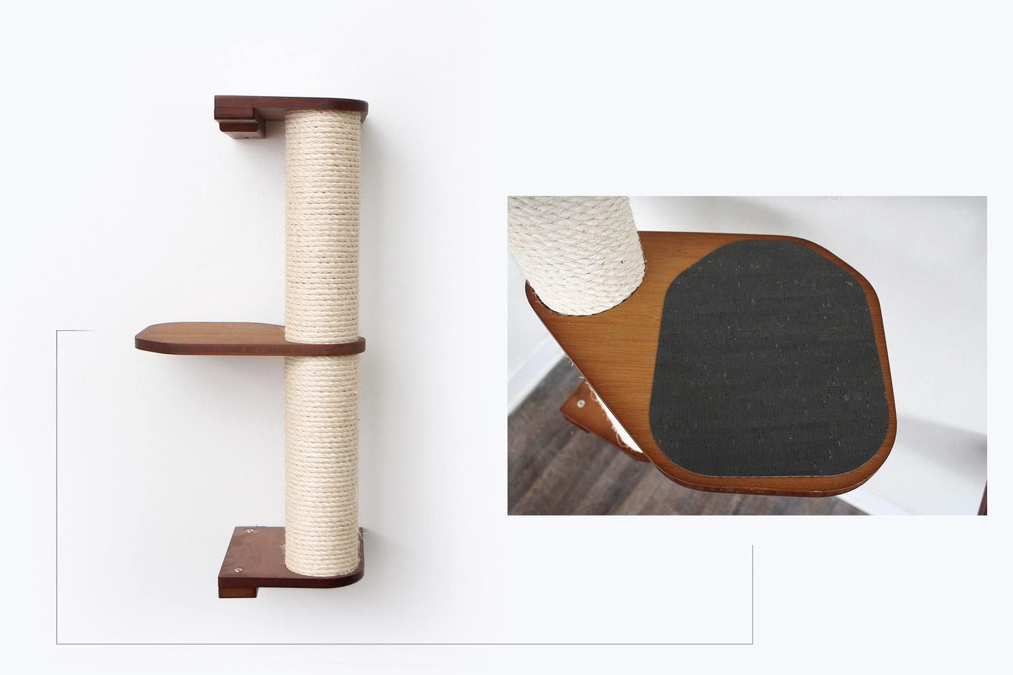 Wall Mounted Cat Climbing Pole - Sisal English Chestnut Bamboo 2-Tier Leaf Shelf Charcoal Cork Pad Cat Scratcher Catastrophic Creations