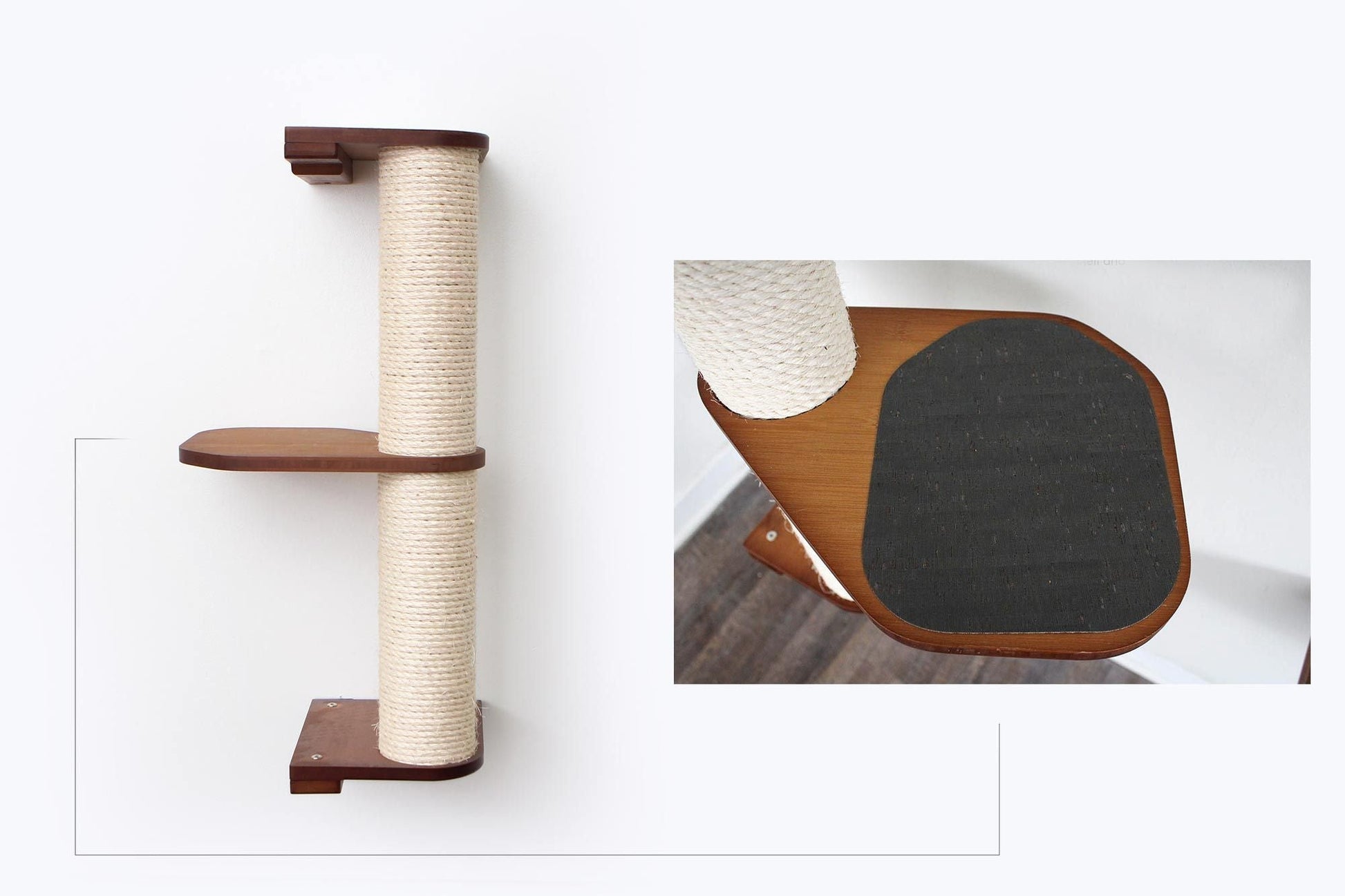 Wall Mounted Cat Climbing Pole - Sisal English Chestnut Bamboo 2-Tier Leaf Shelf Charcoal Cork Pad Cat Scratcher Catastrophic Creations