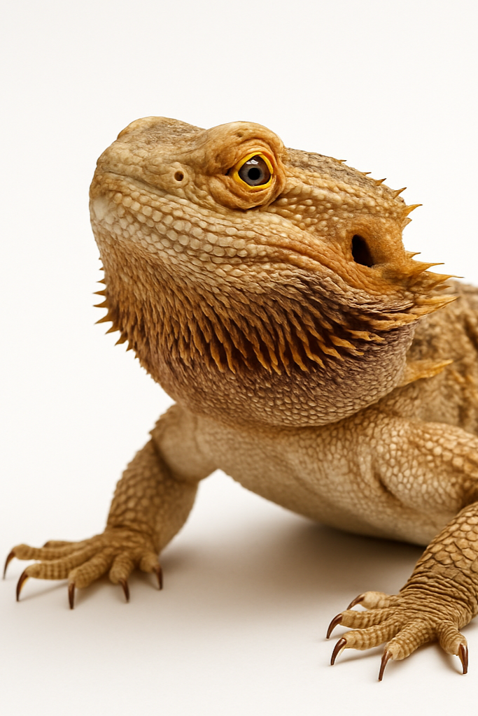 Realistic photo of a bearded dragon with a white background
