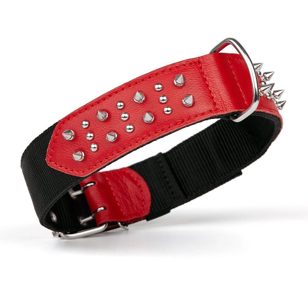 Leather + Nylon Spiked Dog Collar Red Dog Collars Dogline