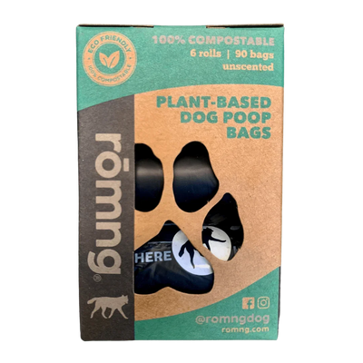 compostable plant-based dog poop bags + bamboo dispenser Compostable Dog Poop Bags rōmng