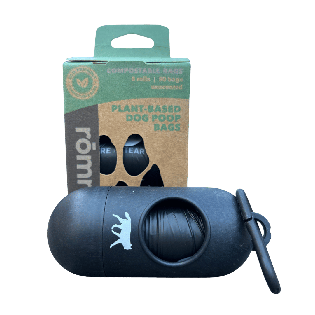 compostable plant-based dog poop bags + bamboo dispenser Compostable Dog Poop Bags rōmng
