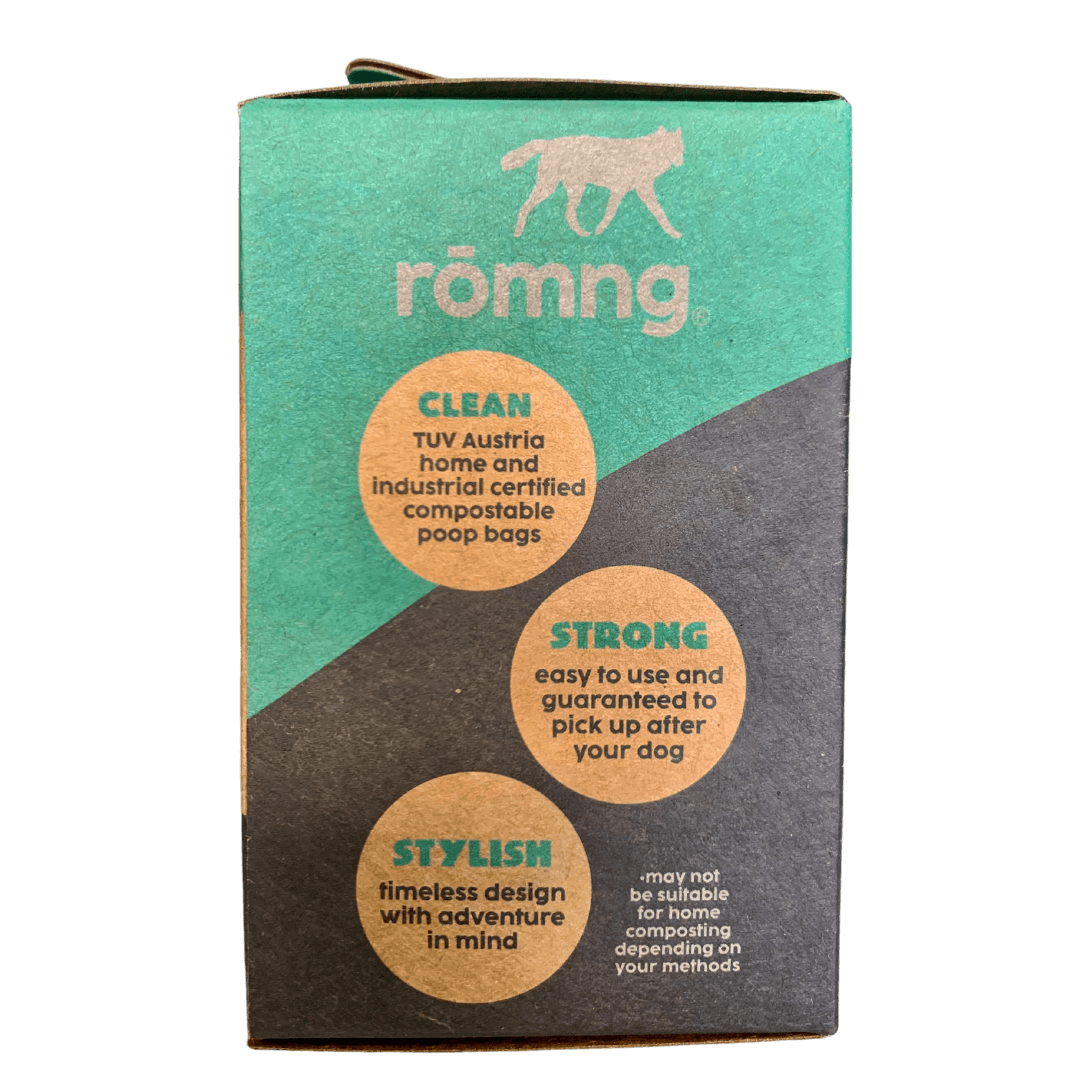 compostable plant-based dog poop bags + bamboo dispenser Compostable Dog Poop Bags rōmng