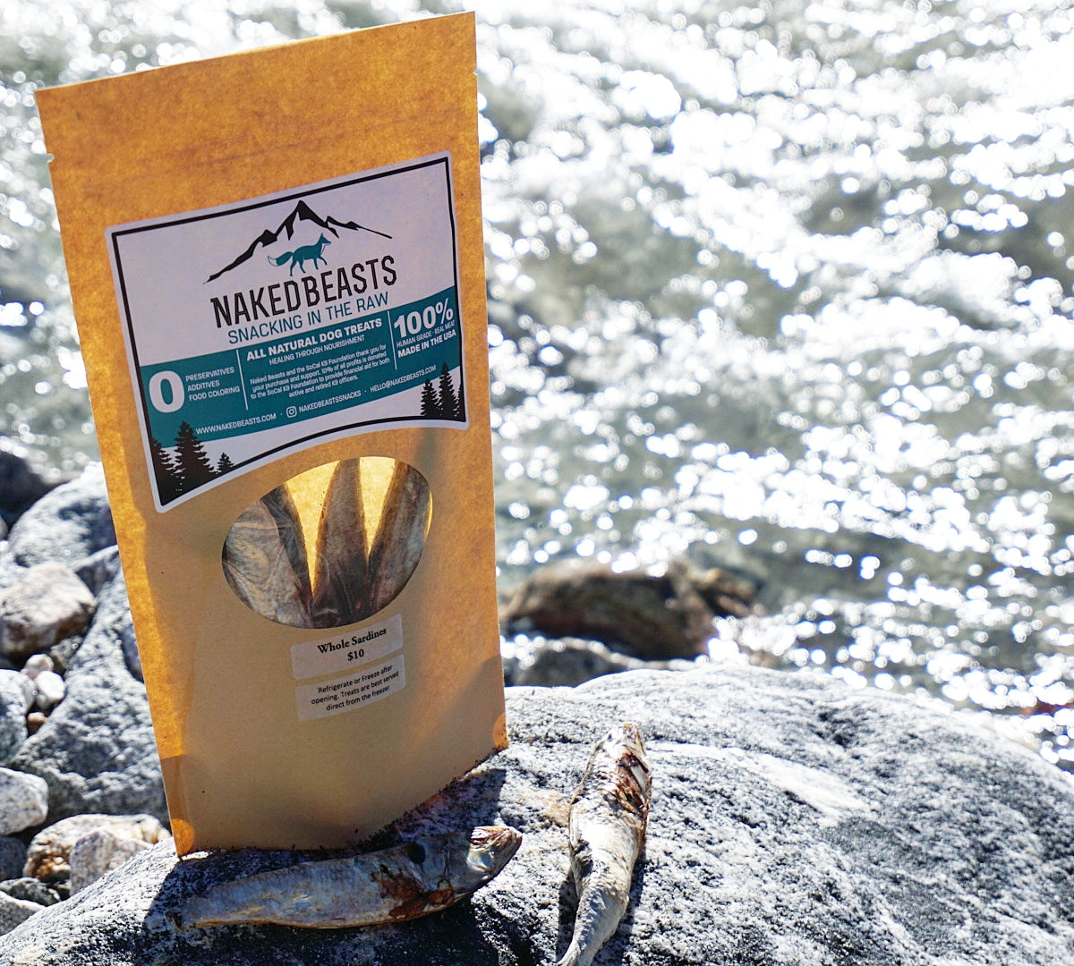 Image of a brown bag with a Naked Beasts label for Sardines, on a rock with sardines and water in the background