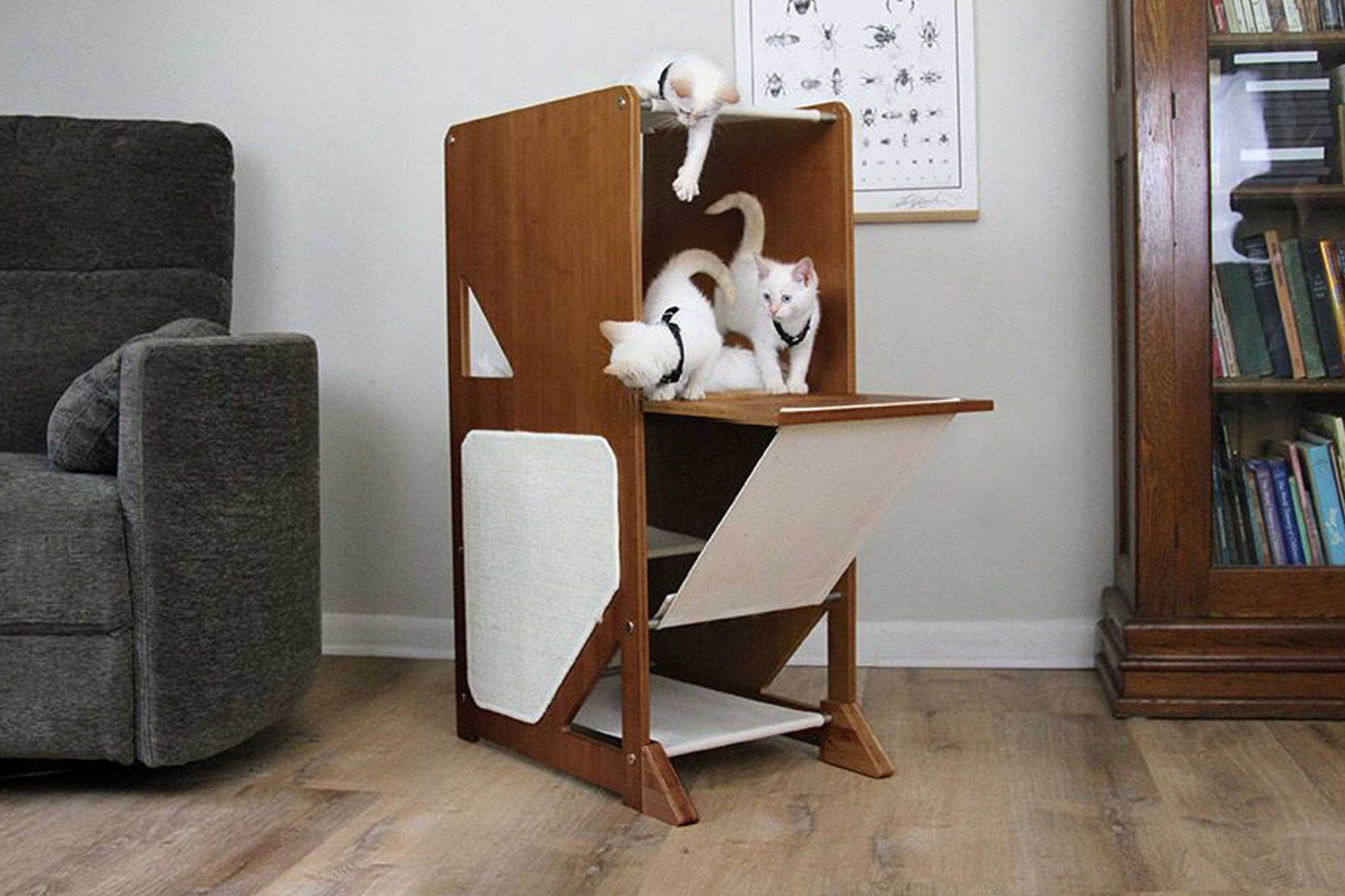 The Overlook - Sturdy - Bamboo Cat Tree English Chestnut Bamboo Natural Canvas No Cat Condo Catastrophic Creations