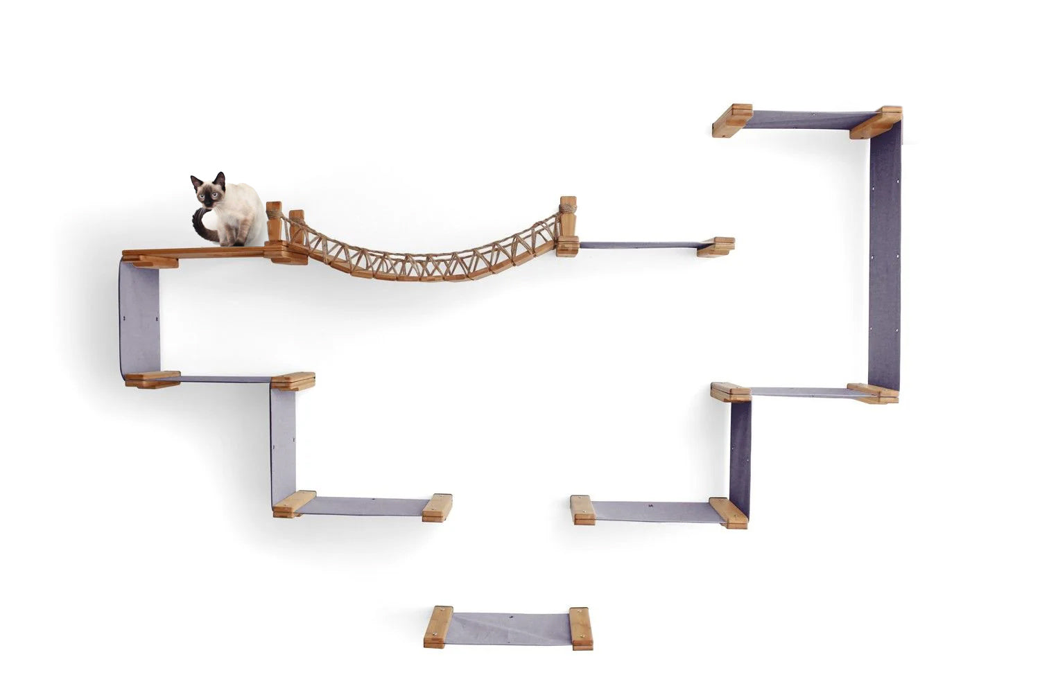 The Temple - Giant Cat Tree on Wall Natural Bamboo Charcoal Gray Canvas No Planters Cat Condo Catastrophic Creations