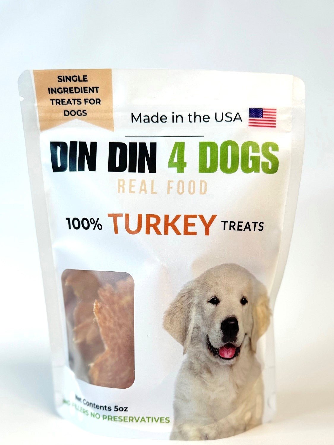 Turkey Dog Treats, 5 Ounce Bag, Single Ingredient, High Protein Treat Din Din 4 Dogs