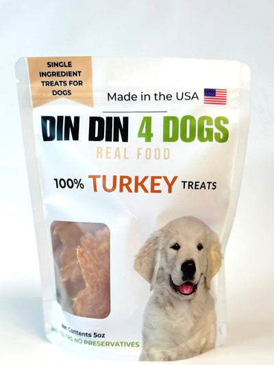Turkey Dog Treats, 5 Ounce Bag, Single Ingredient, High Protein Treat Din Din 4 Dogs